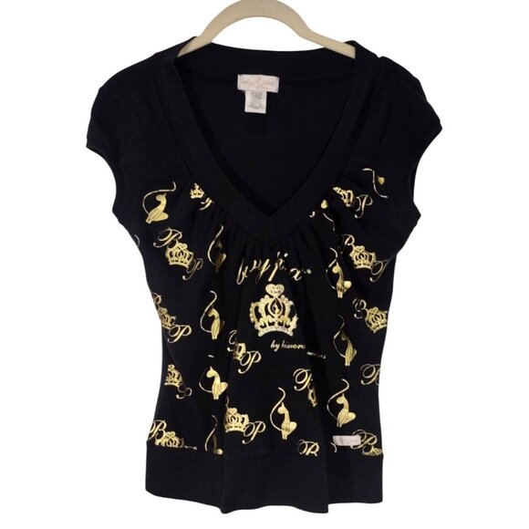 Y2K VTG Baby Phat M Baby Tee Cat Logo Black Gold Foil Fitted Top Trashy Mcbling - Picture 1 of 6